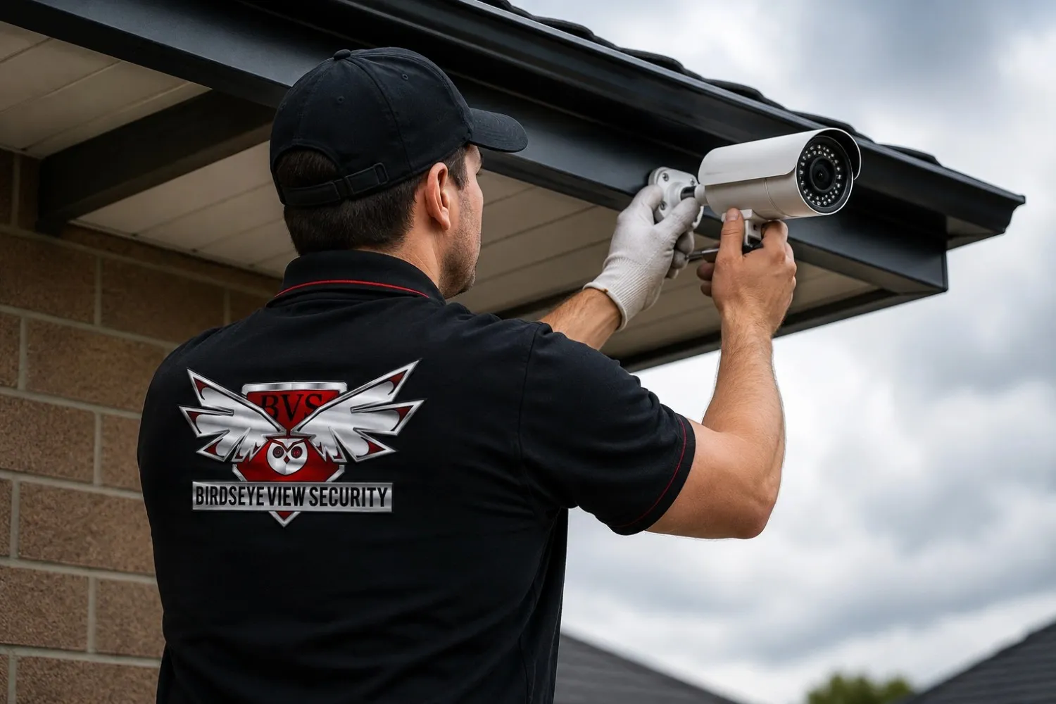 Birdseye View Security technician installing CCTV camera
